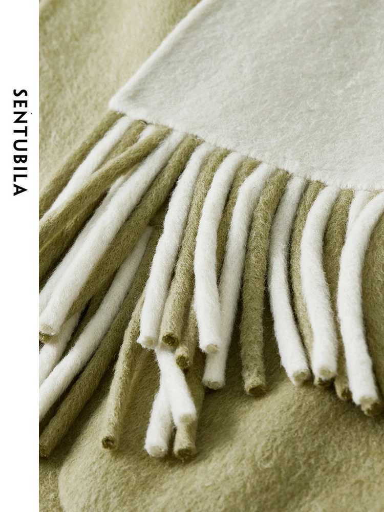 SENTUBILA 100% Wool Double Sided Woolen Coat 2024 Winter U Patch Pocket Tassel Scarf Single Breasted Elegant Coats W44O55981 Z250813