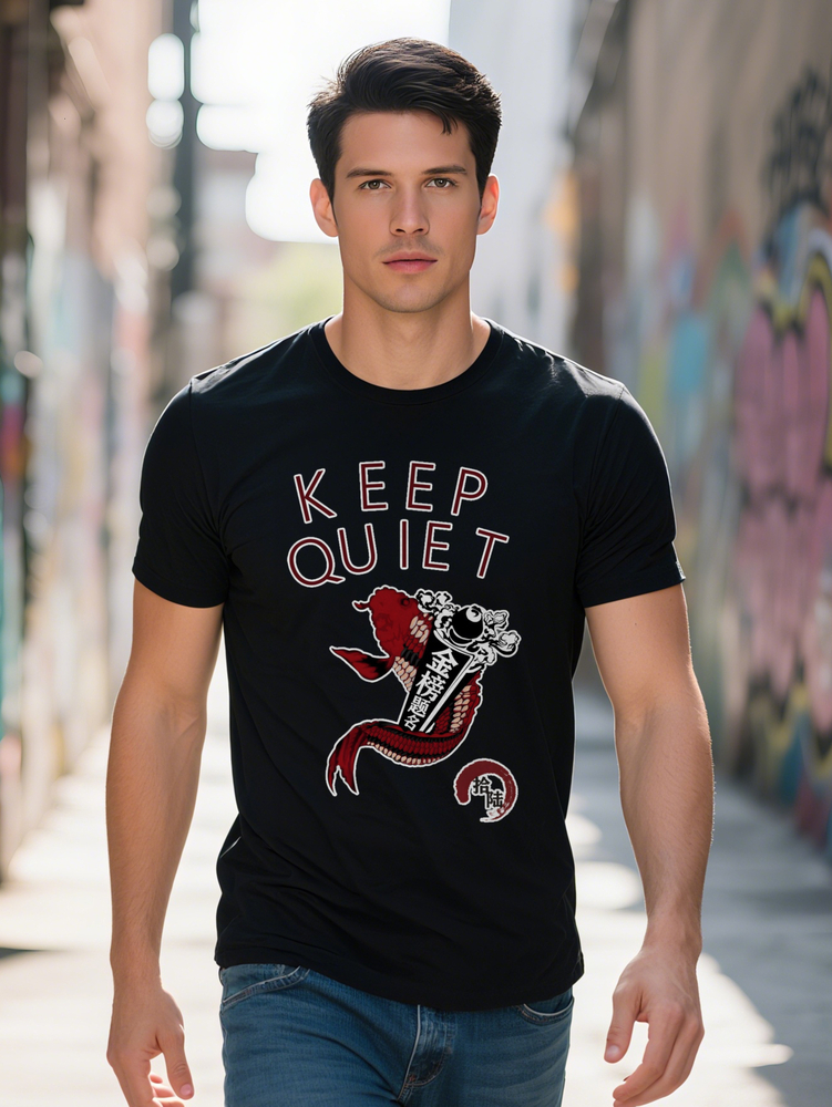Keep Quiet Men s Casual Short Sleeve T Shirt Black with Red Koi Fish Tribal Print Round Neck Summer Top Regular
