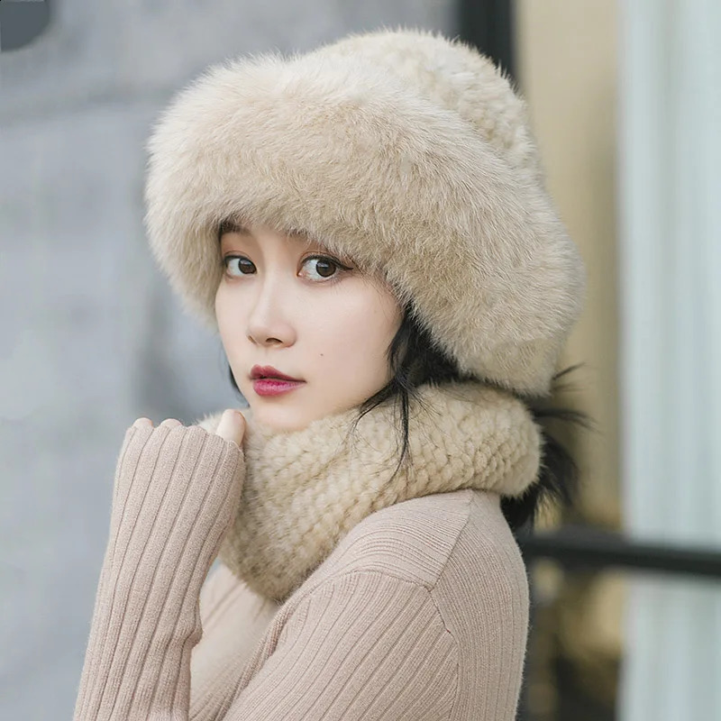 Besfilin Womens Genuine Mink Fox Fur Bucket Hat with Big Fox Brim Hand Knitted Casual Travel Warm Spring Autumn Winter 250808