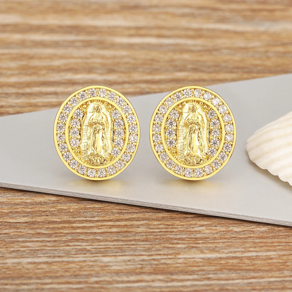 Nidin Arrival Retro Round Shape Sparkling Zircon Charm Earrings For Women Virgin Mary Believer Ear Jewelry Daily Party Gifts 250812