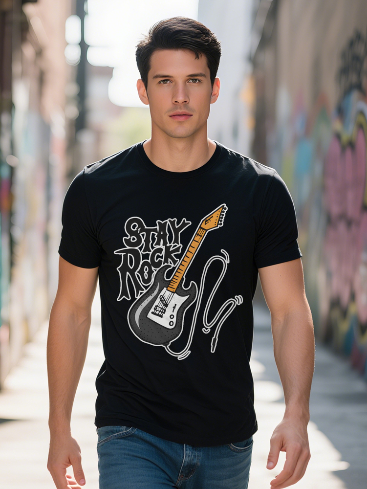 Men S Casual Black T-Shirt with Stay Rock Electric Guitar Print Crew Neck Slight Stretch Summer Graphic Tee