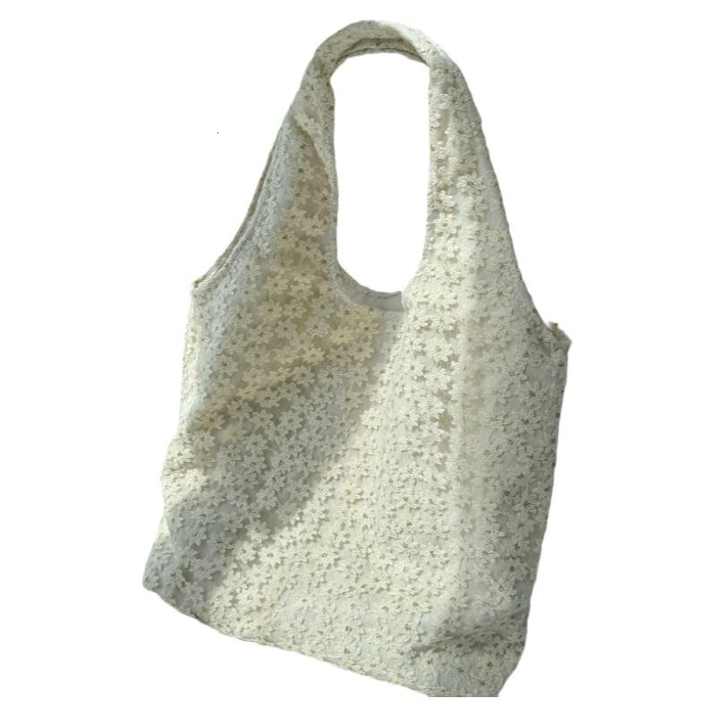Fresh Style Mesh Flower Single Shoulder Korean Version Ins Blogger Large Capacity Tote Sweet Handheld Canvas Bag Trendy ddmymarket