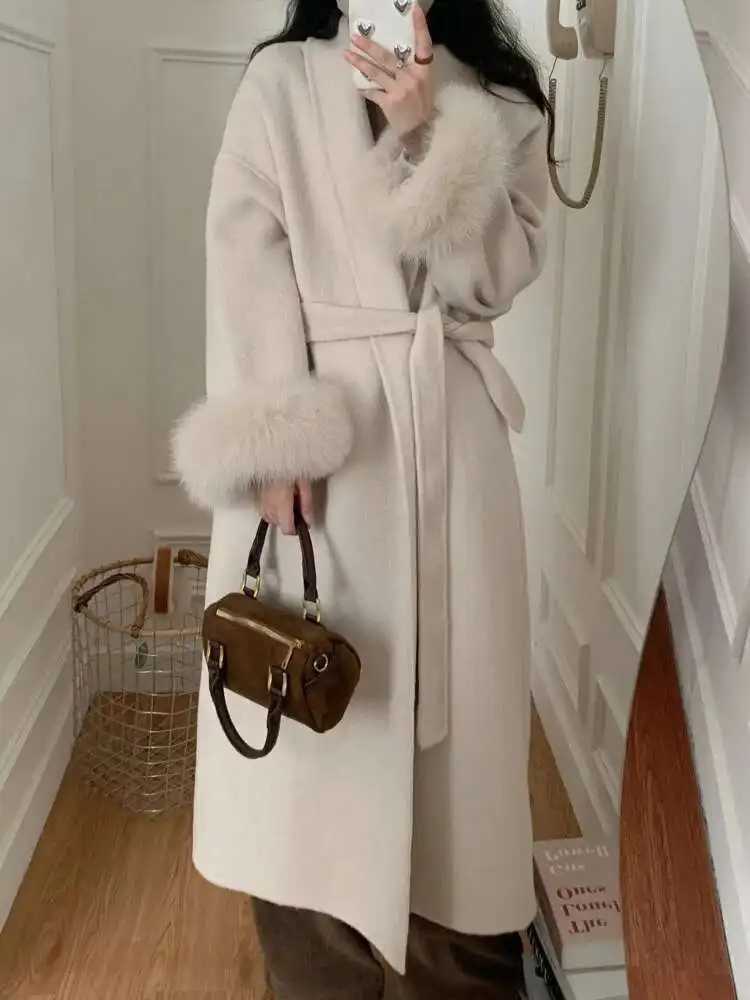 2024 Autumn Winter ZM600 Elegant Womens Coat European Style Tide All Match Belt Fur Patchwork Long Sleeve Woolen Coat Z250813