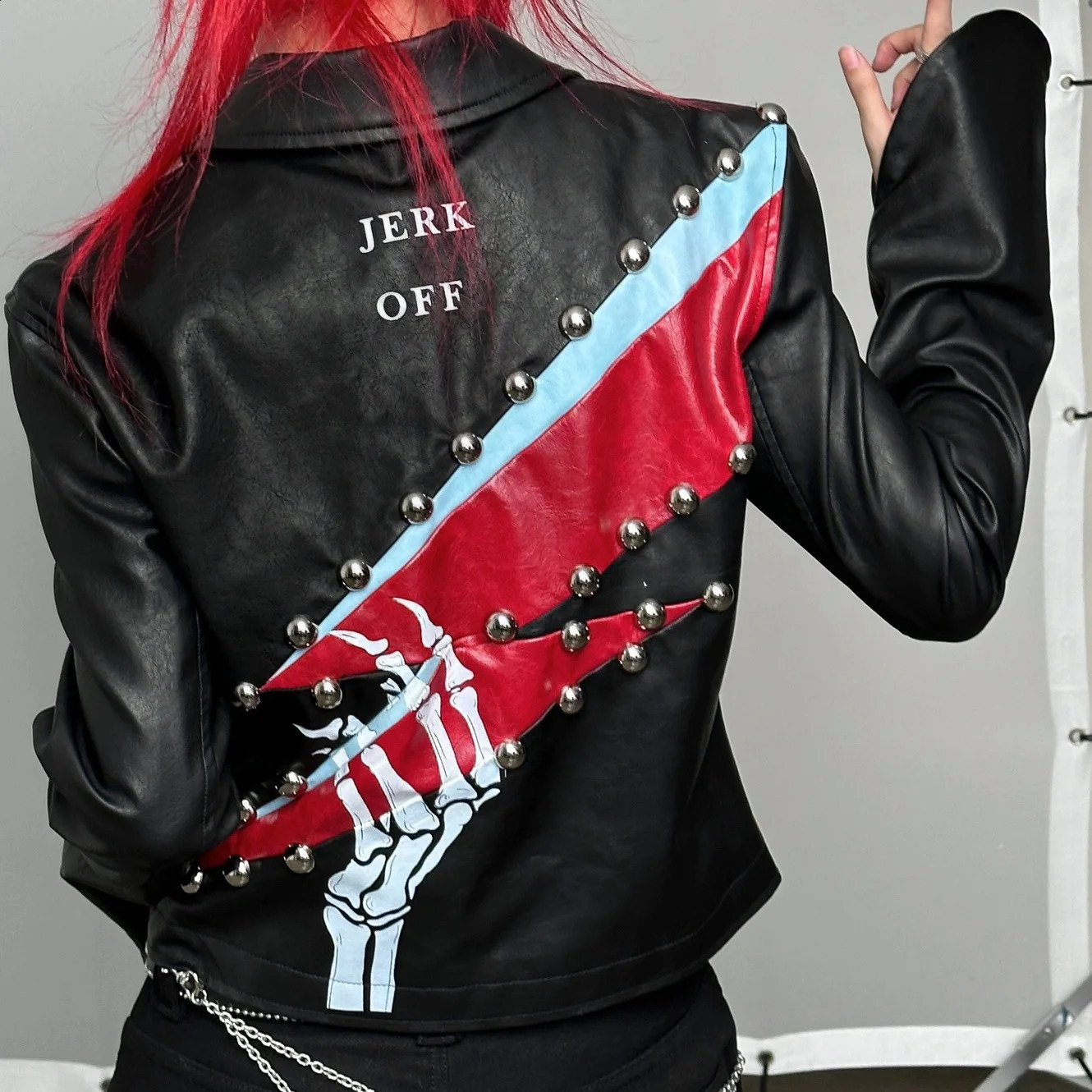 Rock Punk Jacket Printed Rivet Panels Contrast Color Stitching Bell Sleeve Leather Jacket Slim n Jacket 250811