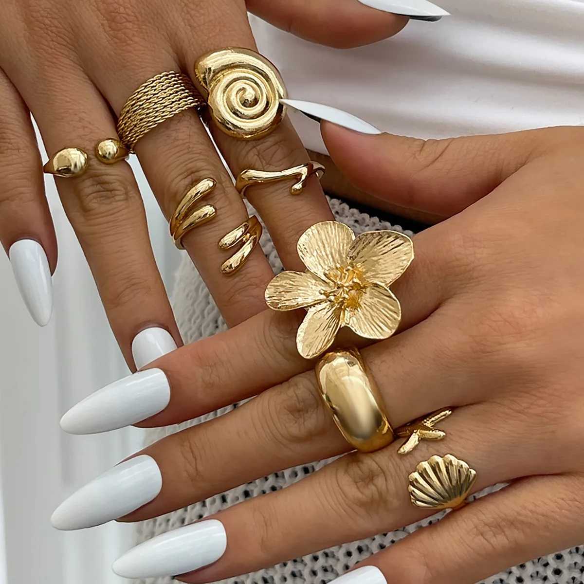 10 Sets Vacation Beach Style Flower Starfish Knuckle Rings For Women Bohemian Vintage Gold Silver Color Open Joint Ring W250812