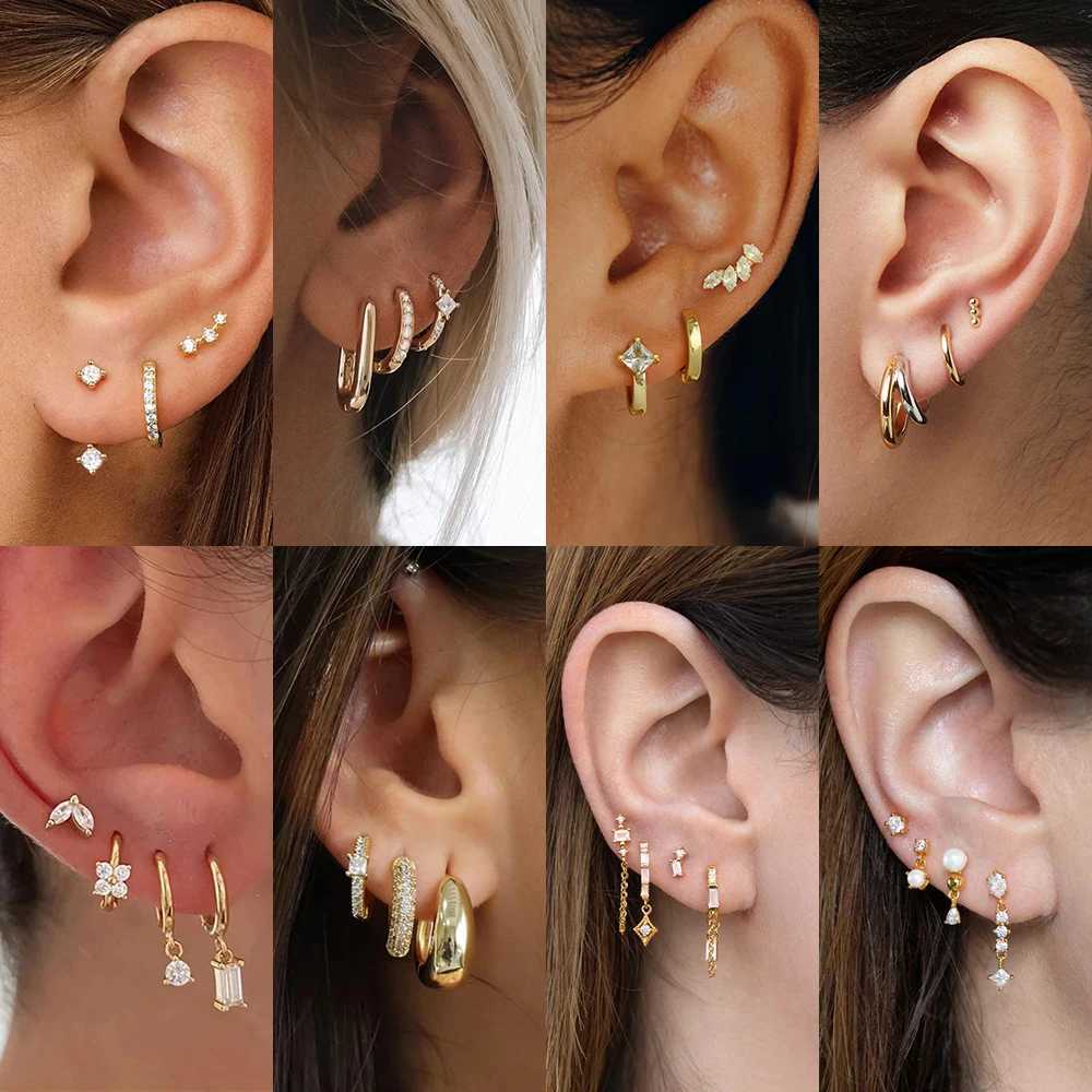 Dainty Zircon Small Stackable 14k Gold Plated Earrings Set for Women Multiple Piercing Cartilage Huggie Hoop Earring Jewelry Y250812