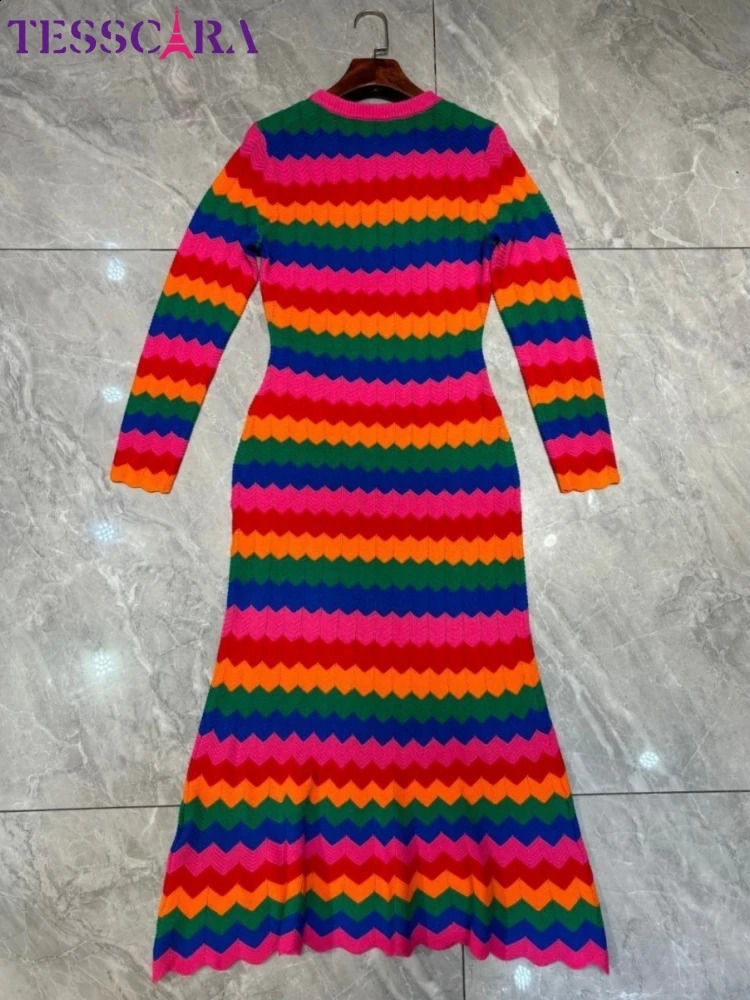 TESSCARA Women Autumn Winter Long Elegant Dress High Quality Cocktail Party Vintage Trumpet er Knitted Sweater Vestidos 250806