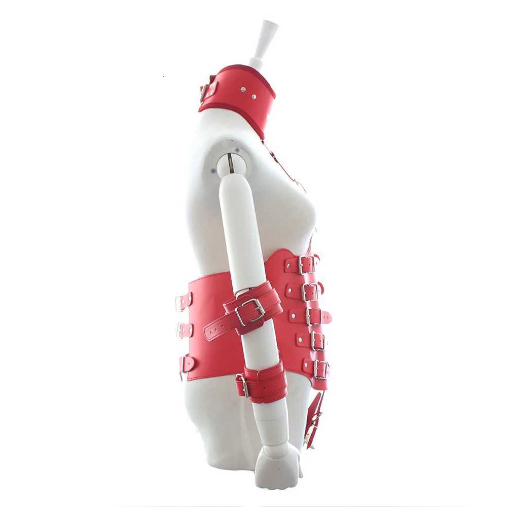 BDSM Leather Waist Cincher Underbust Corset with Attached Collar and Arm Restraint Fetish Costume Sex Toys for Women W250813