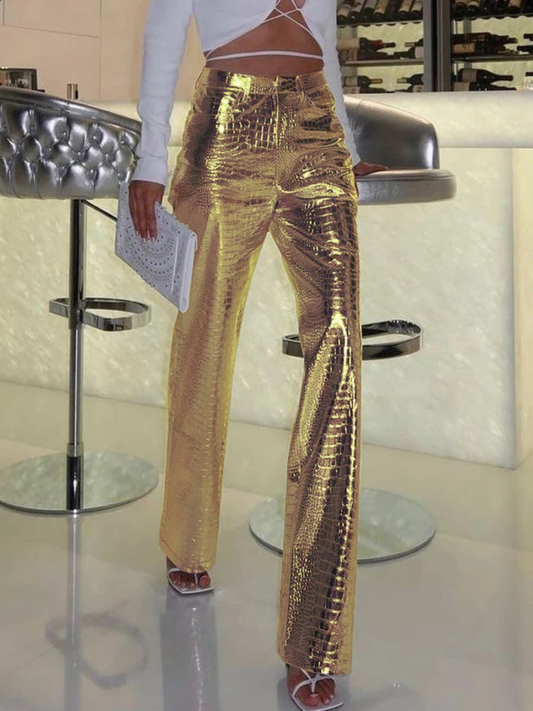 Gold Sliver Leather Pants Women Casual High Waist Straight Wide Leg Ankle Length Trousers Scale Leather Party Club Wears 250812