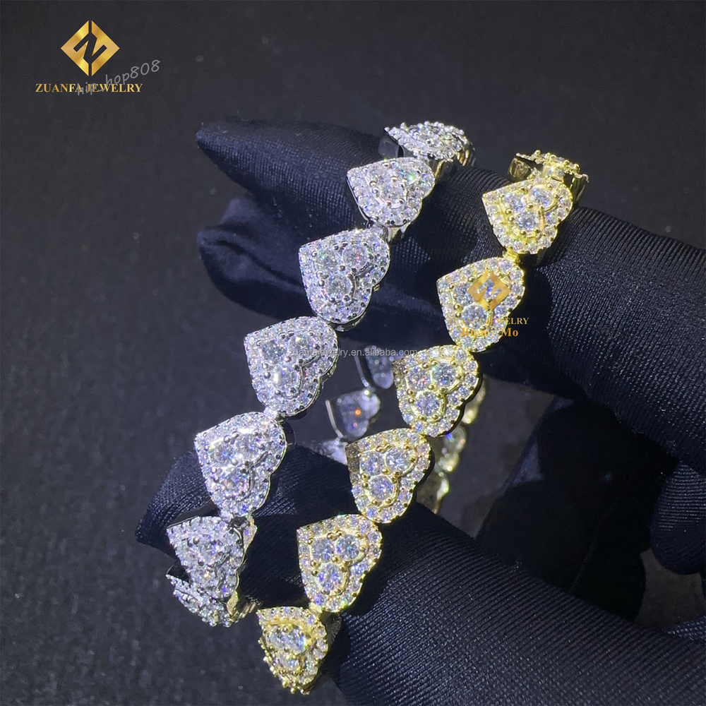 Drop Shipping in Stock Shining Jewelry Elegant 925 Sterling Silver 8mm Hip Hop Iced Out Moissanite Diamond Heart Cuban Bracelet