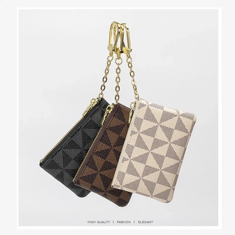 Key Storage Bag with Chain Women Mini Coin Purse Plaid Leather Small Zipper Wallet Ladies Keychain Trendy 250812 Y260206