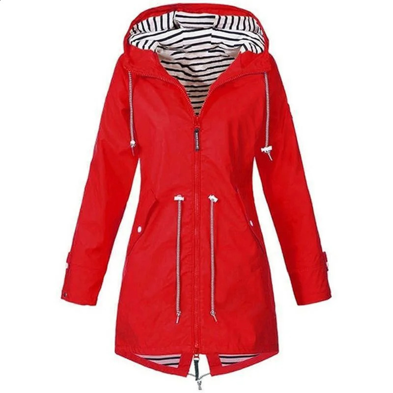 Womens Waterproof Raincoat Casual Basic Outdoors Trench Lightweight Drawstring Jackets Hiking Clothes for Women 250811
