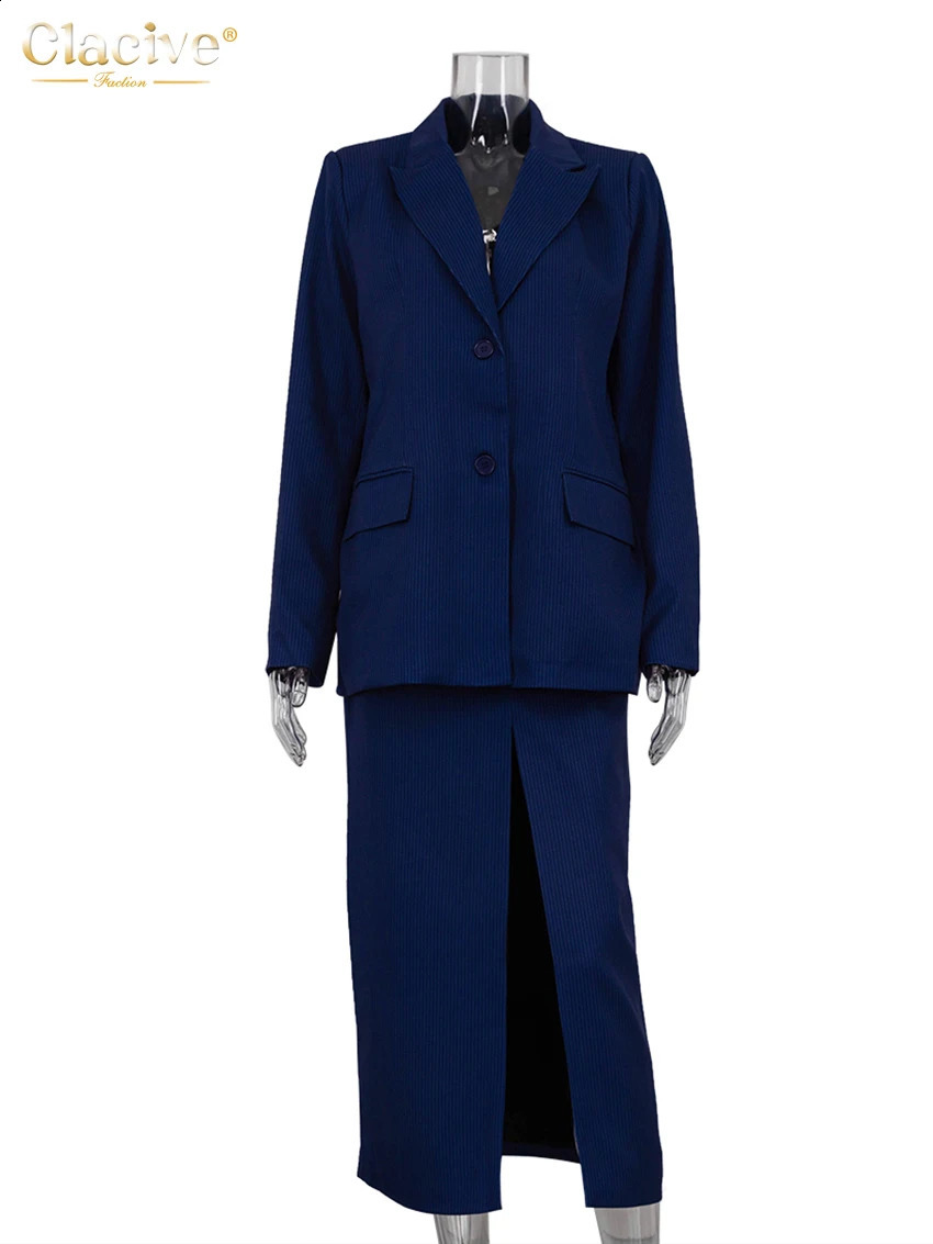 Clacive Fashion Loose Blue Stripe Womens Two Pieces Set Elegant Long Sleeve Blazer With High Waist Slit Long Skirt Set 250812