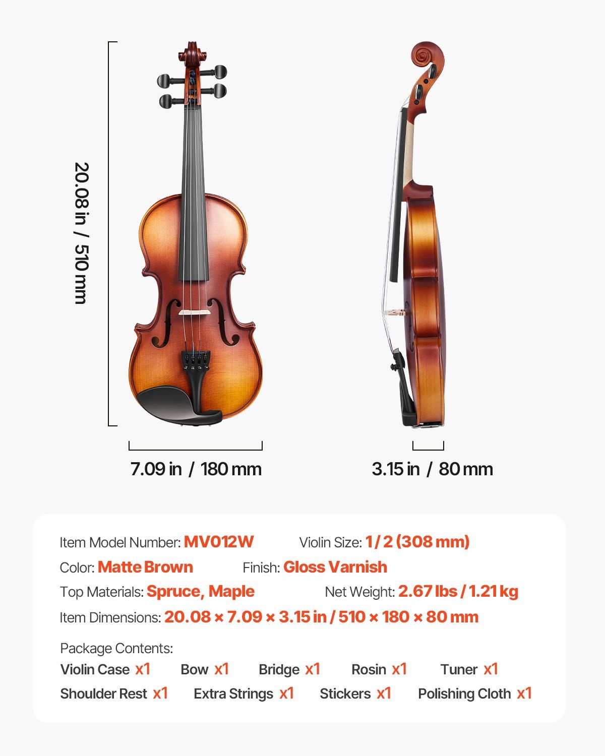 Violin 1/2 Size Fiddle Set Solidwood for Beginners with Case Rosin Brown