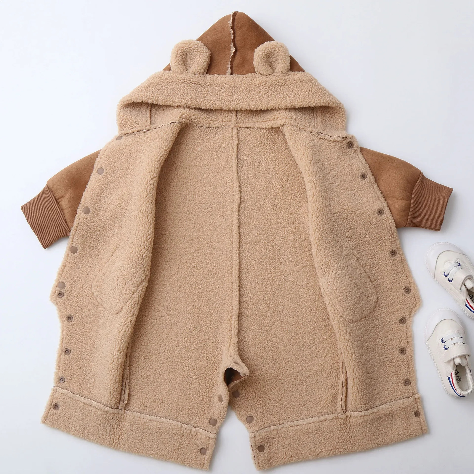 Autumn Winter born Baby Hooded Romper Thickened Fleece Warm 02Y Jumpsuits Windy breaker Infant Playsuit Jacket 250812
