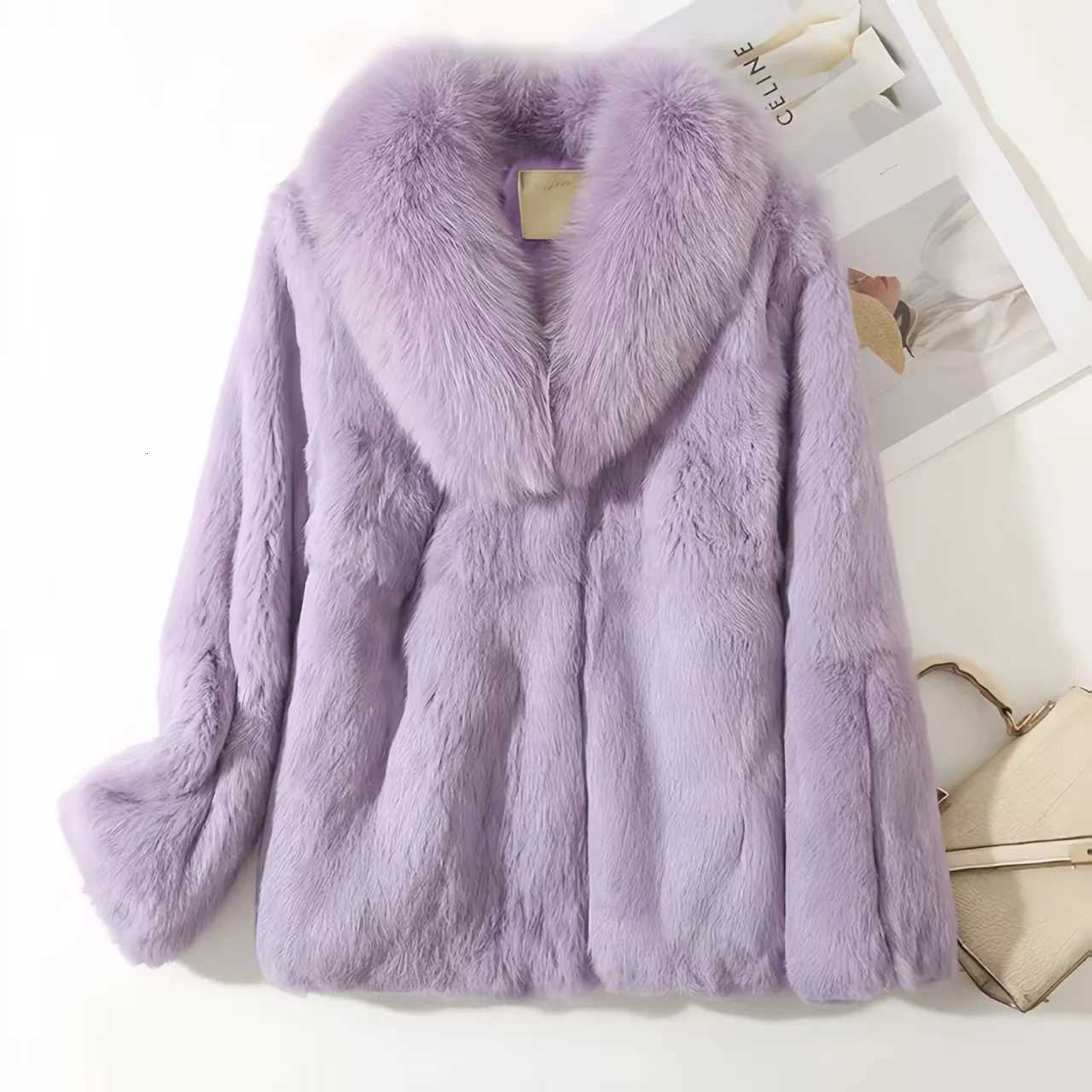 Real Rex Rabbit Fur Coat for Women Autumn Winter Short Jacket Thick Warm New Fur Collar Elegant Female Warm Outerwear Z250813