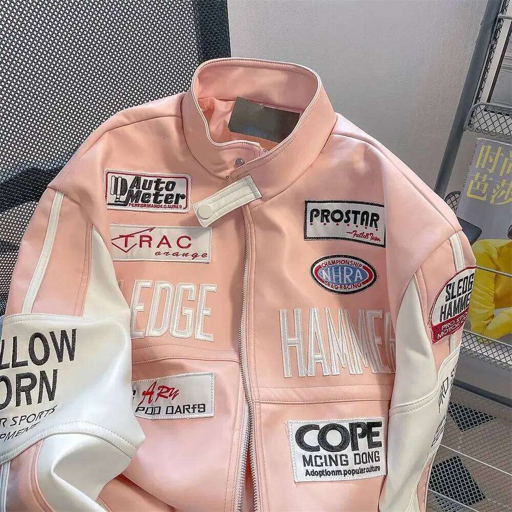 Motorcycle pu leather coat baseball jacket pink american style women autumn and winter fried street high level clothes