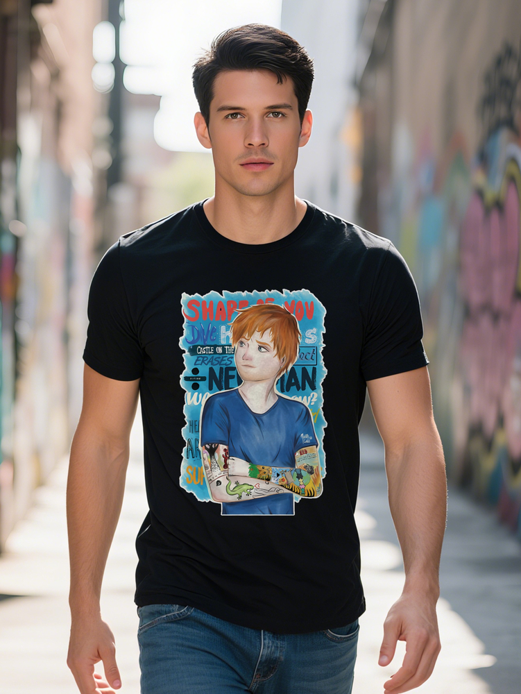 Men s Casual Graphic T Shirt Black with Blue Artistic Red Haired Man Graffiti Print Round Neck Summer Tee Regular