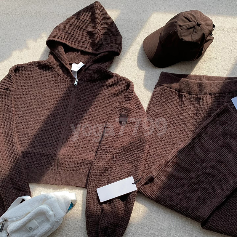 Yoga 4 Piece Waffle Vest Short Set Wide Leg Elastic Waist Loose Sports Slim Long Pants Women Zipper Hoodie Casual Knit Jacket