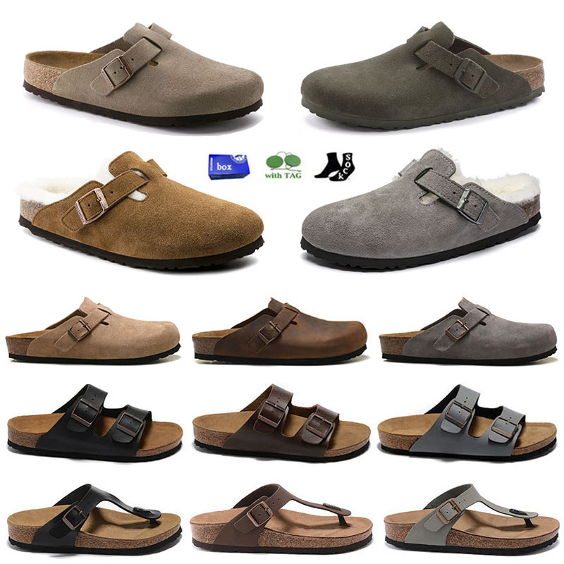 With Box Designer Clogs Arizona Sandals Women Men Mules Fashion Suede Taupe Summer Slippers Leather Cork Flat Soft Fluffy Black Blue Grey Beach Slide Shoes