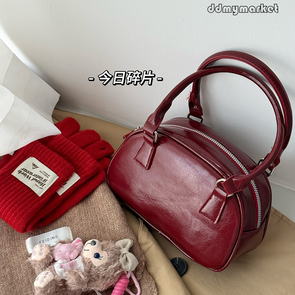 Red Autumn Winter Women Exquisite Korean Style Niche Design Handheld Bowling Versatile Crossbody Casual Small Square Bag ddmymarket