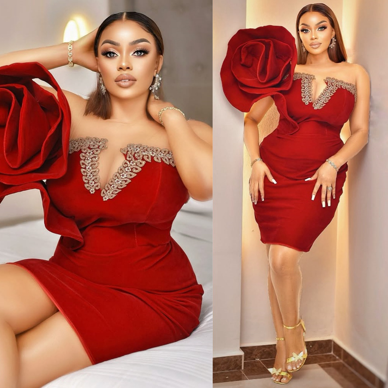 2025 Plus Size Burgundy Cocktail Dresses For Women Short Mini Dress Simple Style Beaded Hand Made Flower Homecoming Dresses Mini Gown For Nigeria Blac