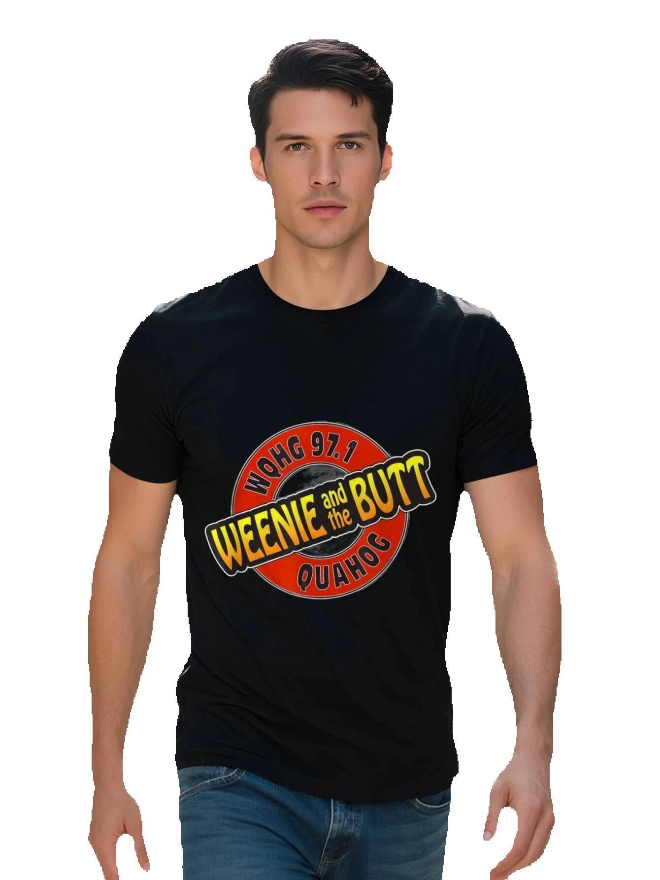 Men s Cotton T Shirt Funny Weenie and the Butt Cartoon Graphic Tee Black with Red Orange Lettering Crew Neck d1ccd