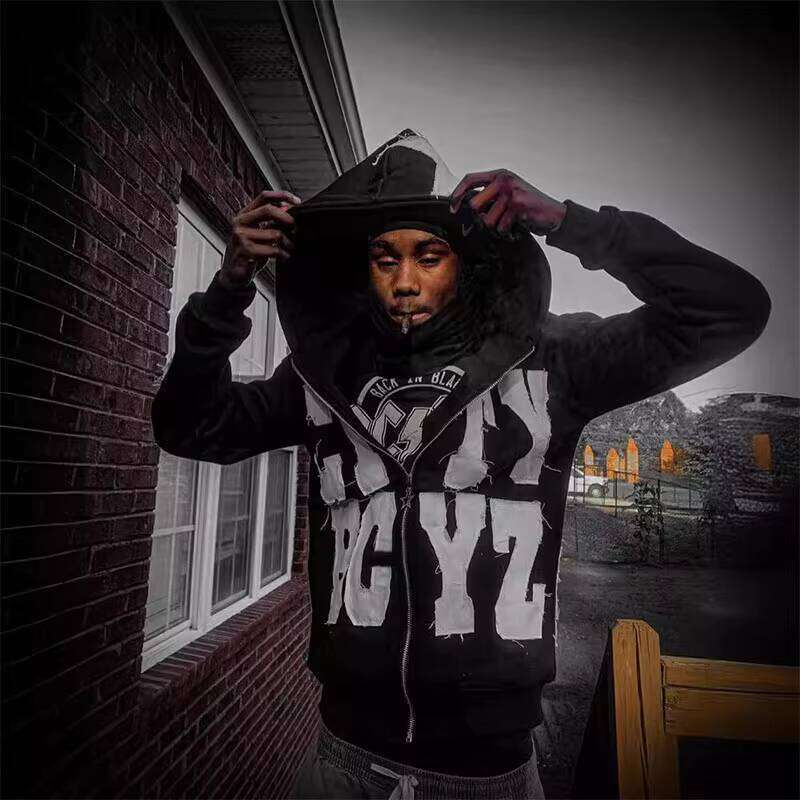 Unisex Acid Wash Zip-Up Hoodie with Custom Rhinestone Embroidered Patch Casual Style for Men in Autumn Season
