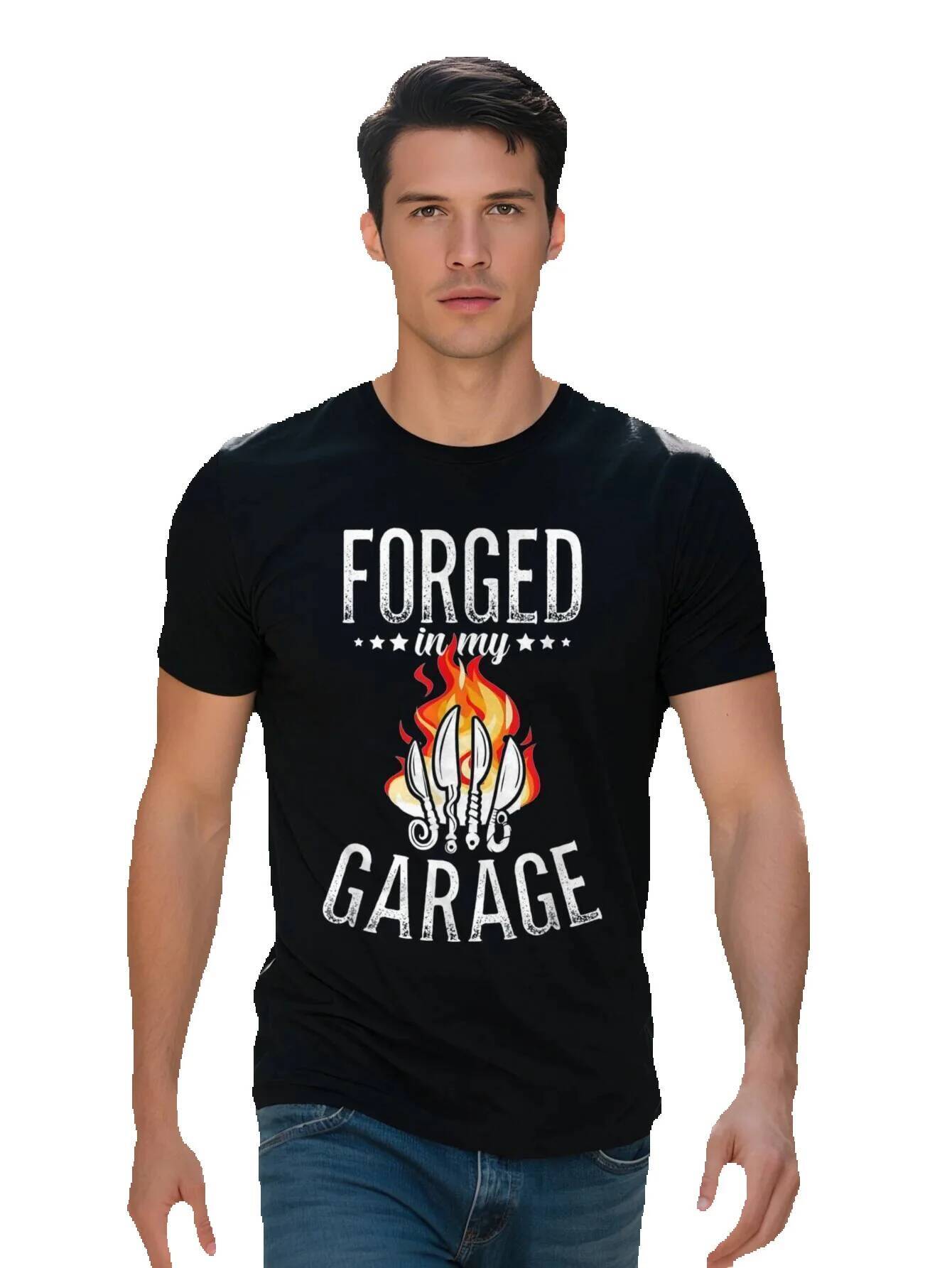 Men s Blacksmith Forged in My Garage Graphic T Shirt g Cotton Short Sleeve Tee with Flames Stars Design b07f9