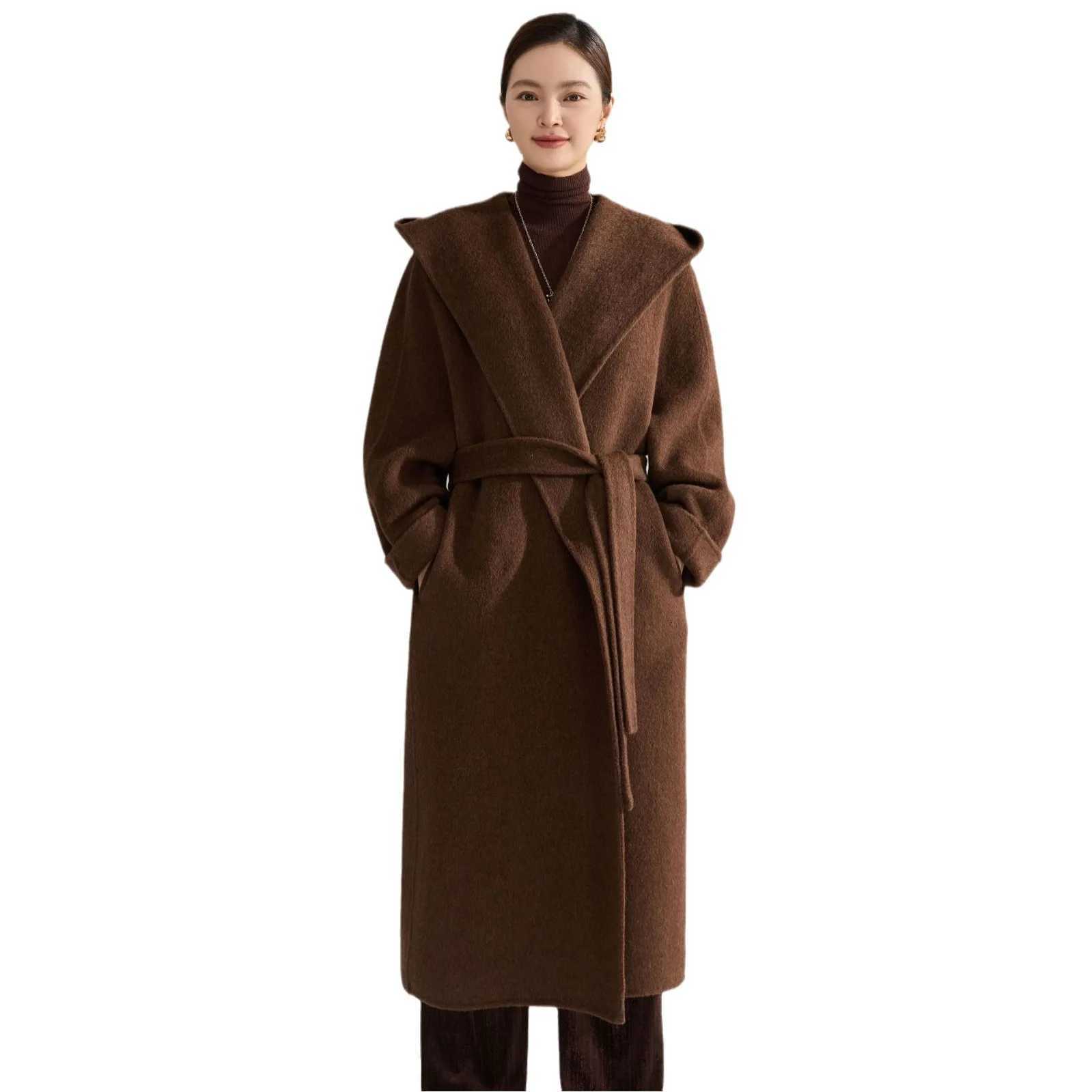 2025 Winter New High End Silk Cashmere Woolen Coat Women Long Hooded Bathrobe Solid Color Hoodie Elegant Wool Overcoat 15485 Z250813