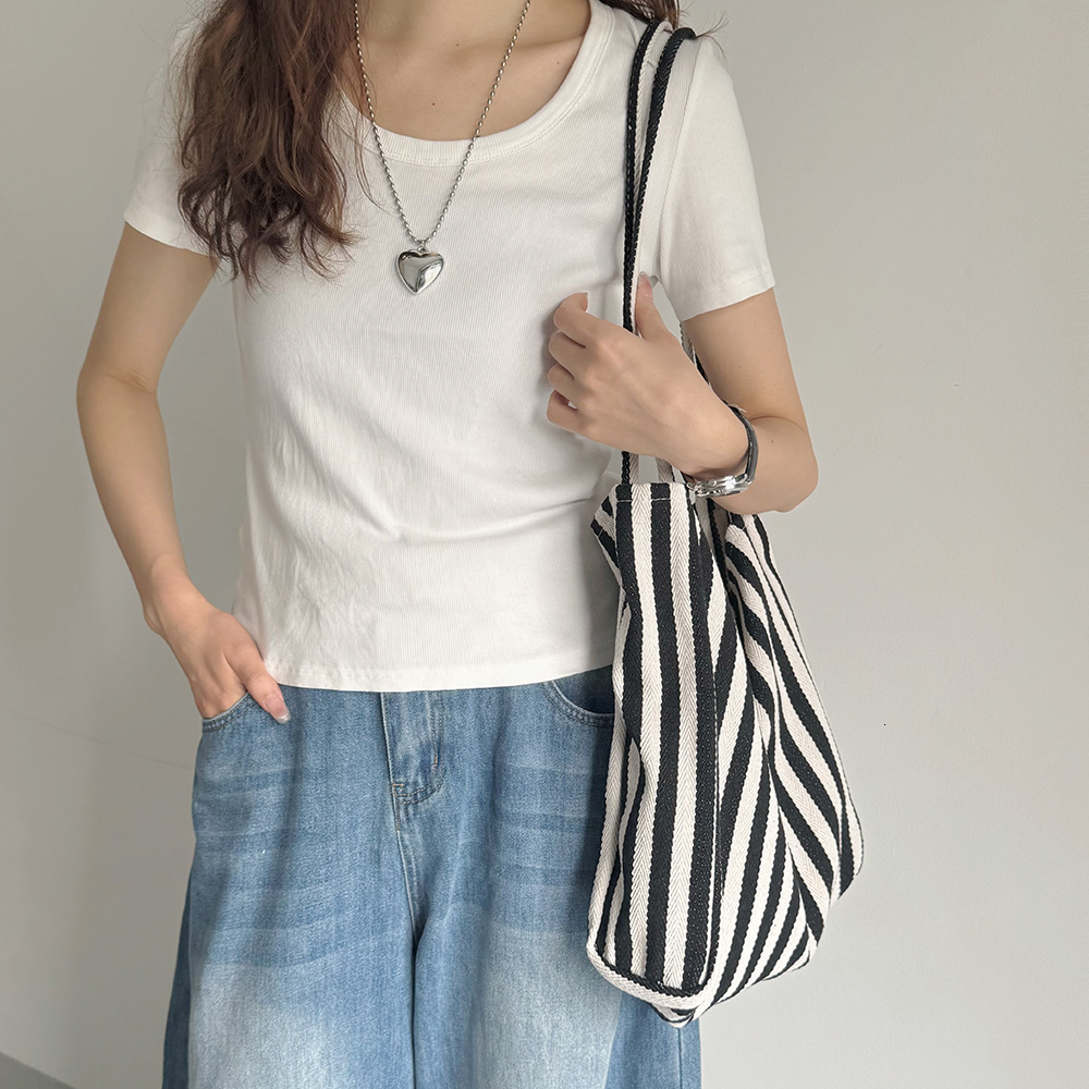 Korean Niche Shopping Artistic Single Shoulder Large Fresh Striped Canvas 2025 Tote Bag ddmymarket