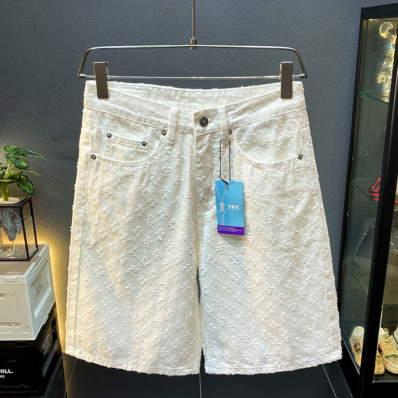Mens Denim Knee Length Shorts - Loose Fit Street Fashion Jean Shorts for Summer, Wide Leg Casual Five Point Pants with Perforated Jacquard Design