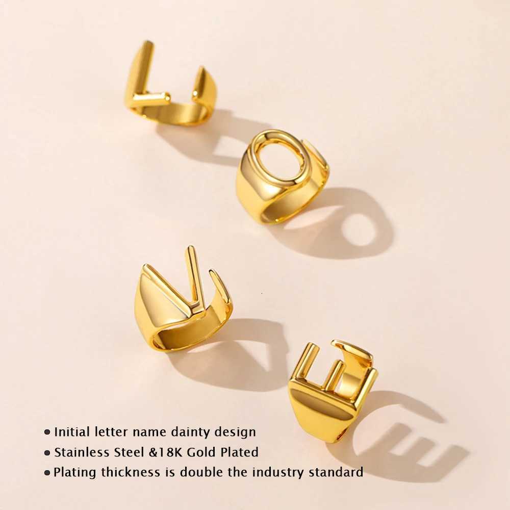 Hollow A-Z Letter Stainless Steel Adjustable Open Ring Gold Silver Color Initials Name Alphabet Party Chunky Wide Trendy Jewelry W250812