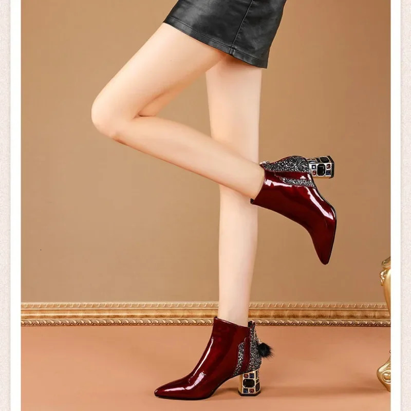 High Quality Womens Boots Shiny Sequined Ladies High Heels Sexy Pointed Ankle Boots Comfor Chunky Heel Office Female Shoes 250812
