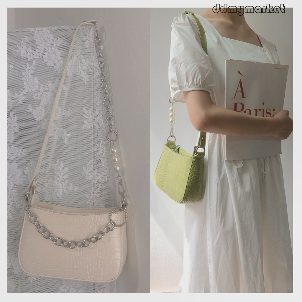 Women's Crocodile Pattern Pearl Chain Single Shoulder Crossbody Women 2025 Korean Version New Style Versatile Underarm Bag ddmymarket