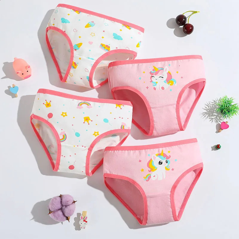 4 PcsLot Cartoon Girls Panties Premium Cotton Comfortable Toddler Briefs Cute Unicorn Pattern Children Underwear For 29T 250812
