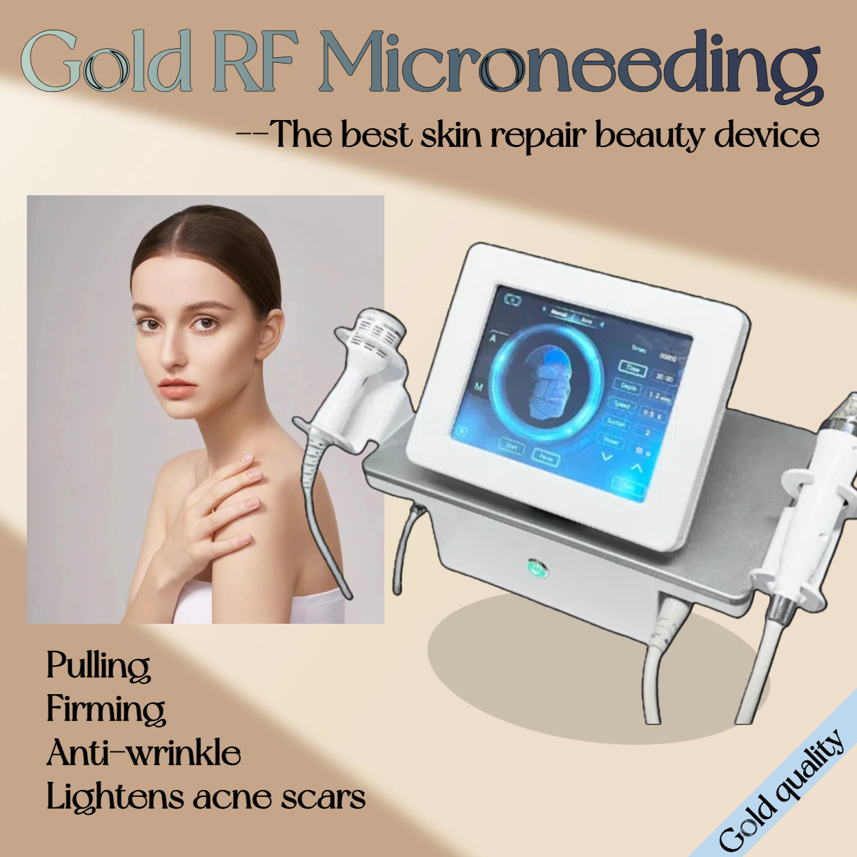 Gold RF Microneedle Beauty Device Skin Tightening Collagen Boost Reduces Wrinkles Scars Home Pro Use Conductive Tech Safe All Skin Types