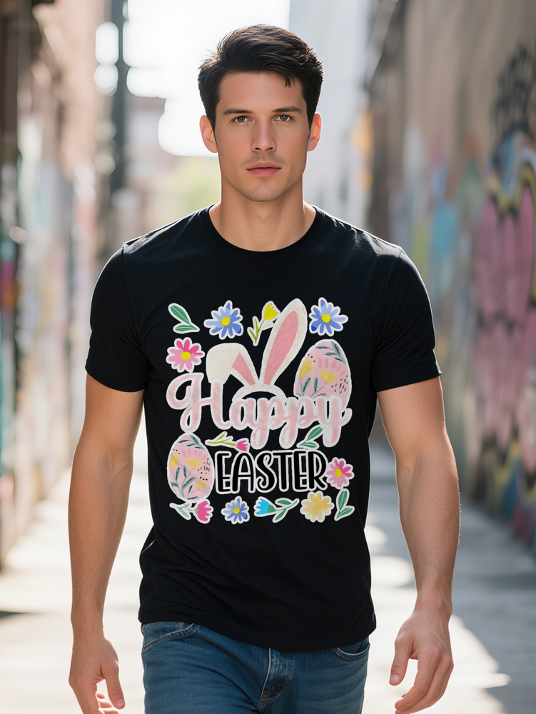 Men s Short Sleeve T-Shirt Black Bunny Floral Print with Happy Easter Text Round Neck Top Holiday Gift for Him
