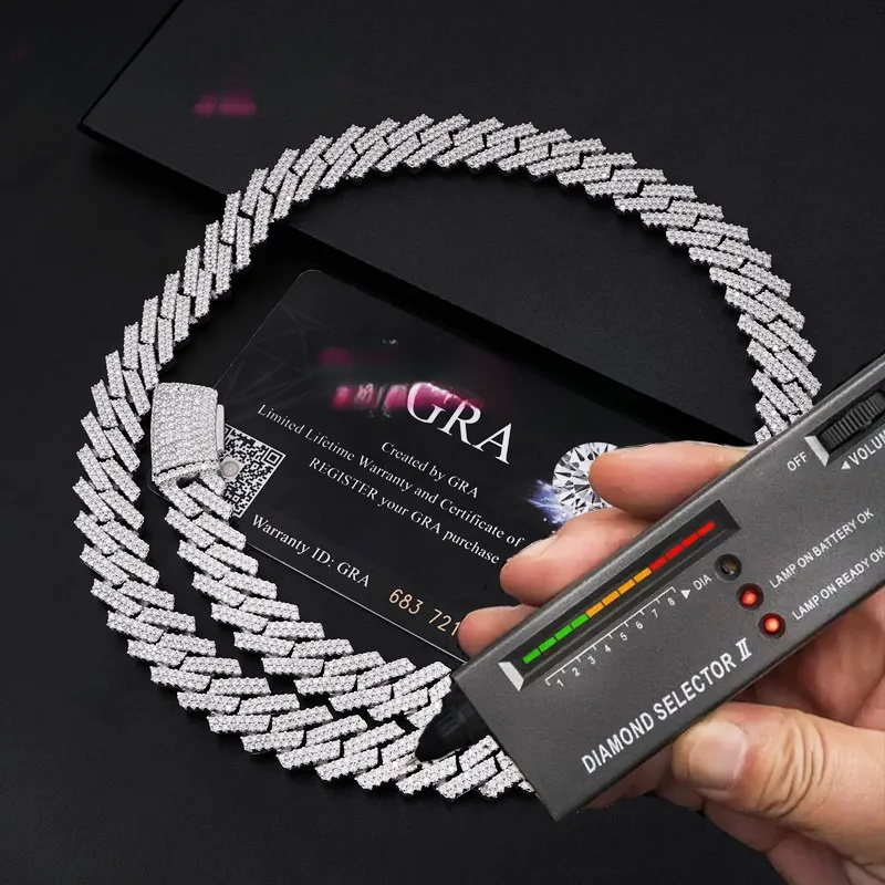 Passed Dia Tester Moissanite for Men 10mm 12mm 14mm Sier Hip Hop Iced Out Jewelry Moissanite Cuban Link Chain Through testing