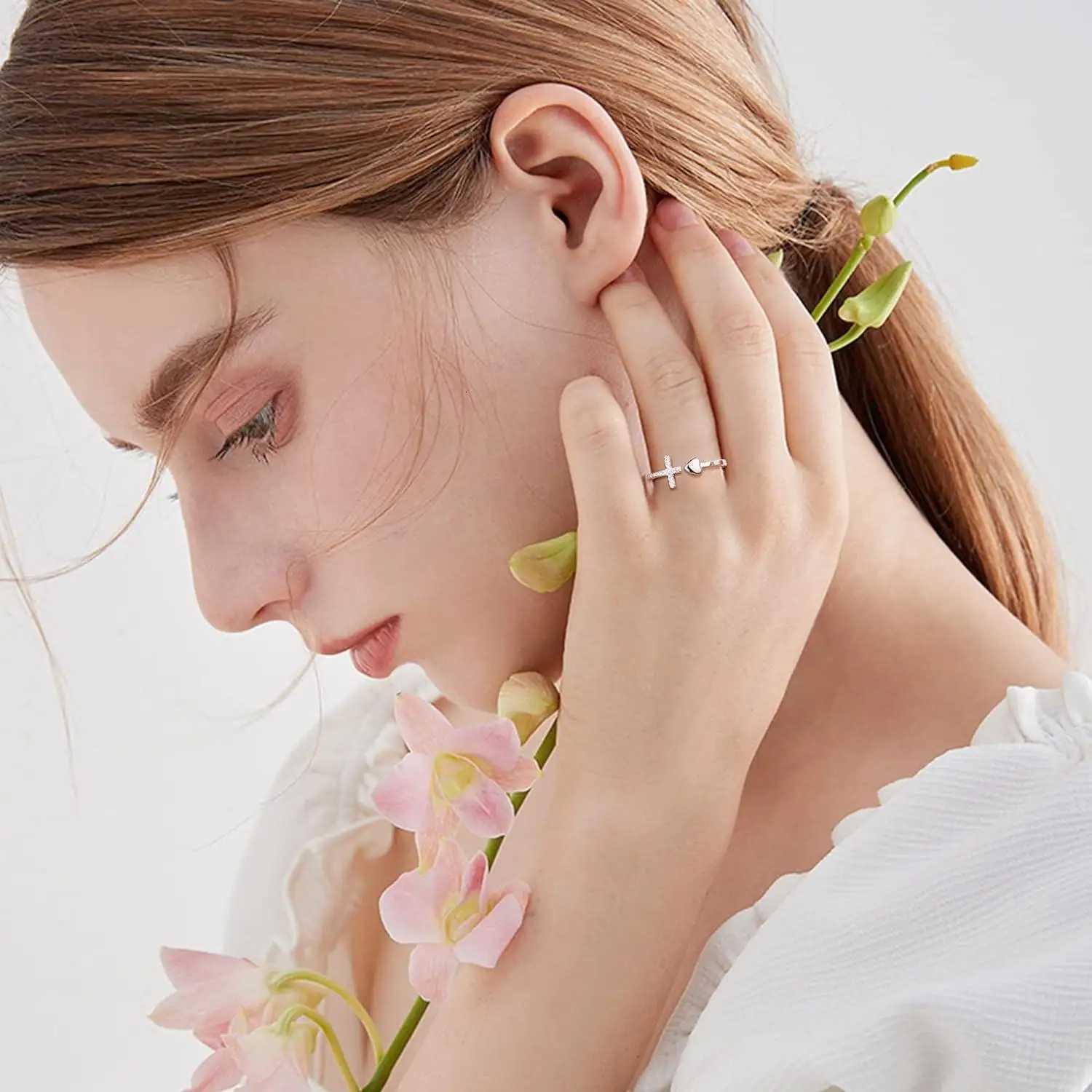 925 Sterling Silver Cross Ring for Women Stylish Adjustable Ring Stackable Shiny Cubic Zirconia Cross Ring with Box W250812