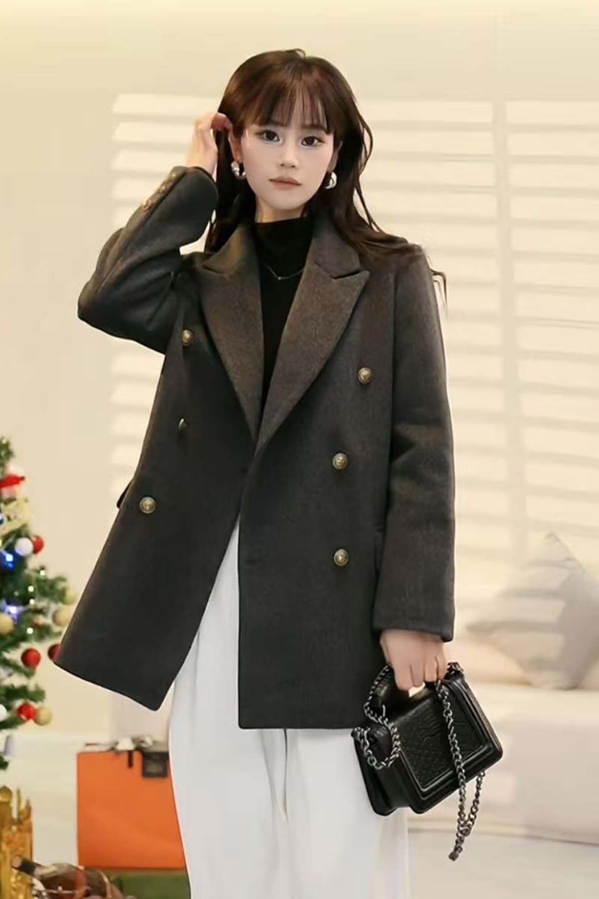 Double-Sided Womens Tweed Jacket Premium Quality Long Sleeve Overcoat for Ladies
