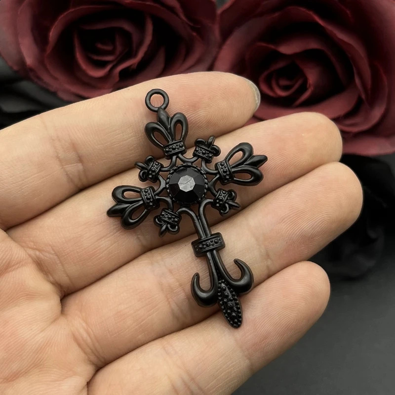5pcs Ornate Black Gothic Cross Pendant Crystal Cross Pendant Charms Fit Jewelry Making DIY Handmade Jewelry Findings 250807