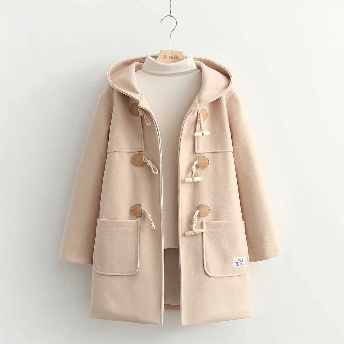 Sweet Hot Preppy Style Horn Button Woolen Coat Womens Autumn/Winter THiCKened Hooded Coat Fashion Female CloTHing Z250813