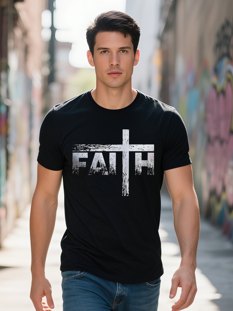 Short Sleeve Men's Faith Graphic Print Crew Neck T-shirt for Summer Outdoor