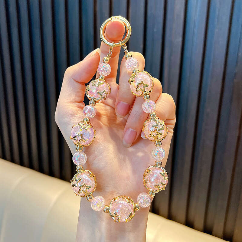 Pentagram Flower Holder Ice Crack Keychain Pendant Beaded Phone Bead Chain Bag Charm Small Gift