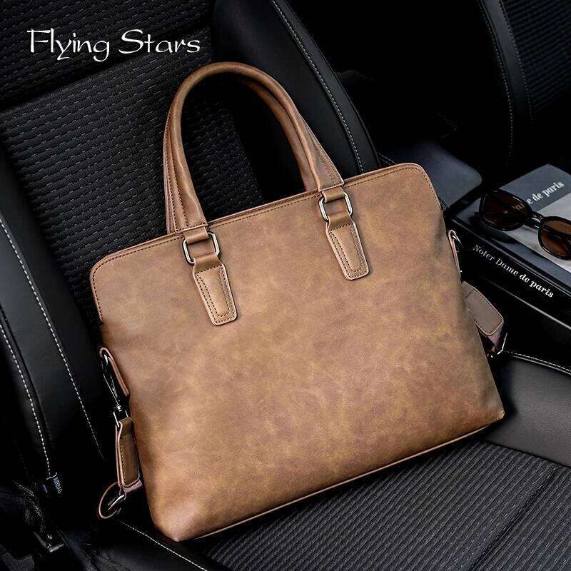 OLOEY Business Big Vintage PU Leather Luxury Bag Shoulder Casual Briefcase Multifunctional 14 Inch Computer File Bag Men Handbag