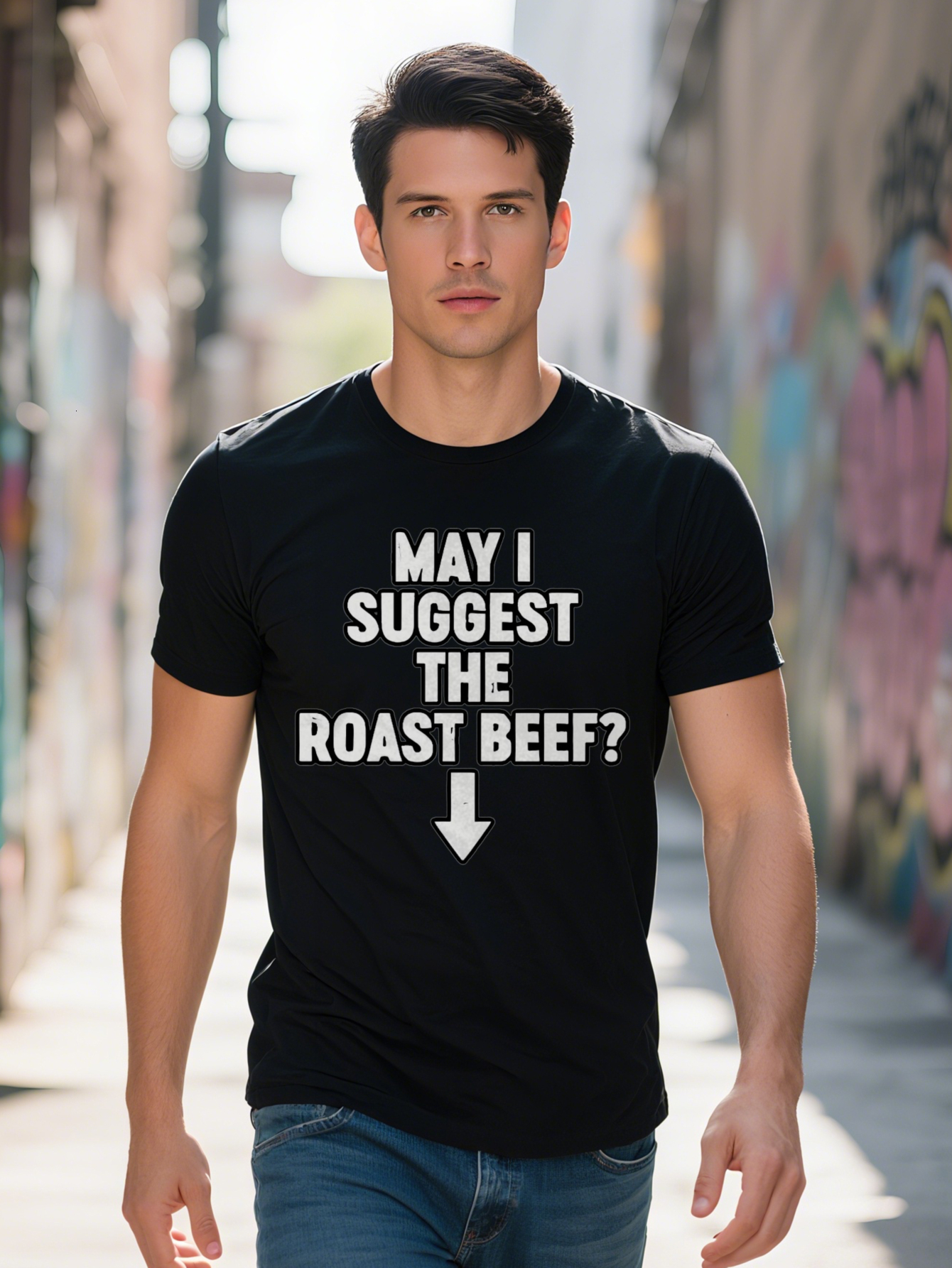 s Casual Graphic T Shirt with May I Sest The Roast Beef Print Black Round Neck Summer Tee Humorous Gift for Men