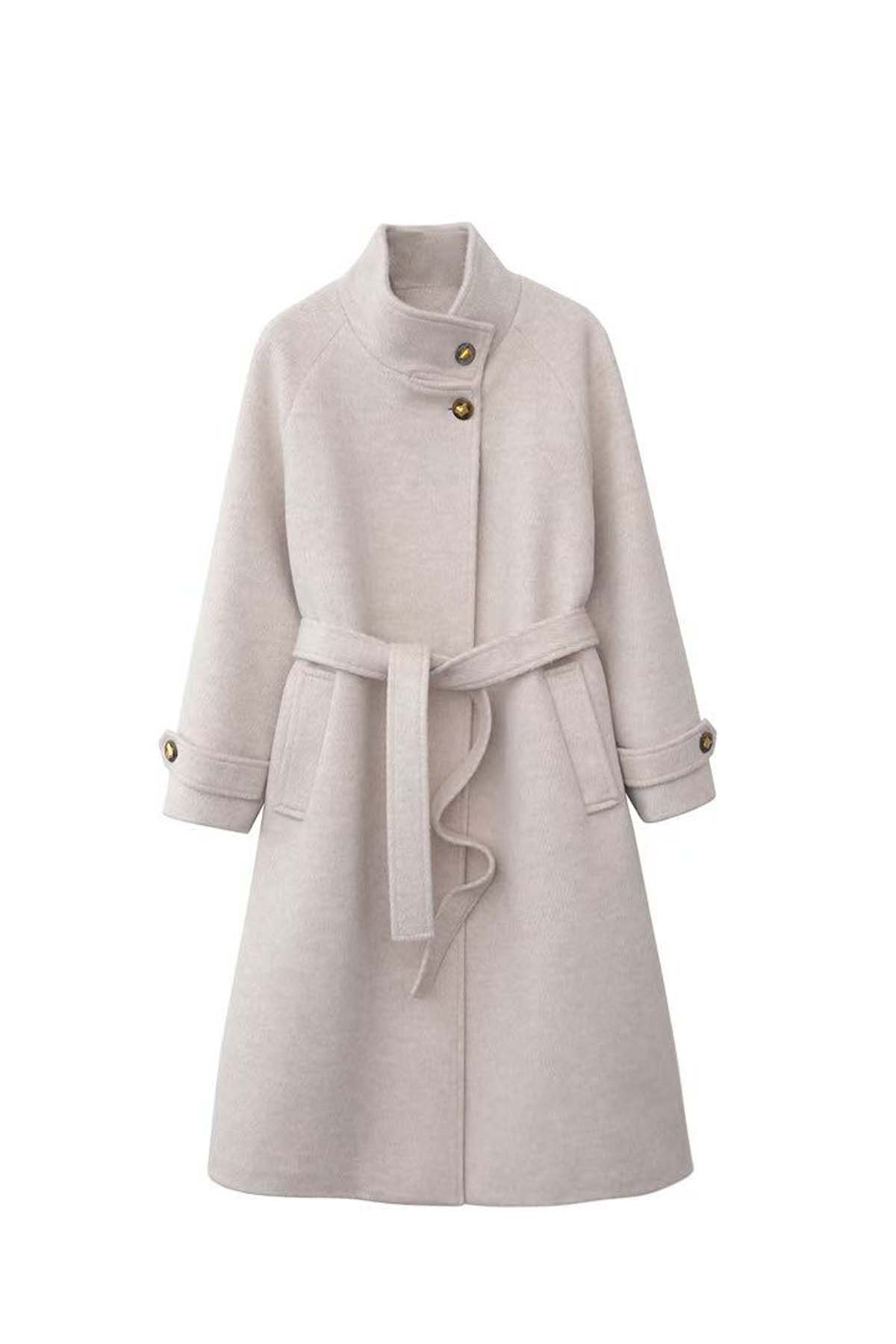 Women's New Stand Collar Long Wool Coat with Belt - Double-Sided Fleece
