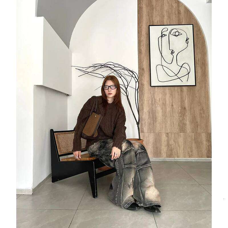 American Vintage Waist Printting Jeans Women Casual 2000S Washed Pants Baggy Y2k Wide Leg Grunge High Street Denim Trouser MDNG 20250811