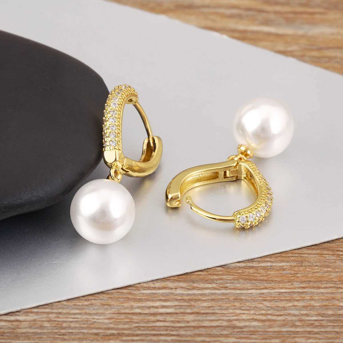 Nidin New Fashion Pearl Cubic Zirconia Light Luxury Drop Earrings For Women Female Engagement Wedding Party Ear Jewelry Gifts Y250812